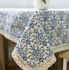 Retro Blue and White Table Cloth with Lace Cotton Print